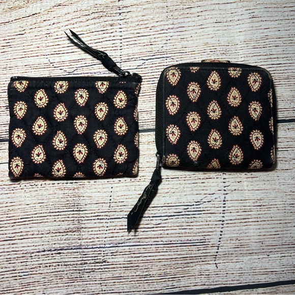 Vera Bradley Classic Black Wallet Bifold Snap & Zip Change Purse Set Paisley - Picture 2 of 11